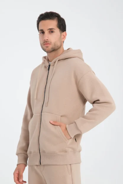 Oversize Fermuarlı Kapüşonlu Üç İplik Sweatshirt
