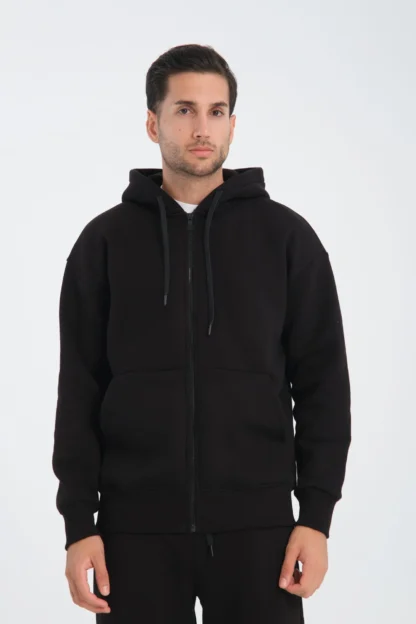 Oversize Fermuarlı Kapüşonlu Üç İplik Sweatshirt - Image 3