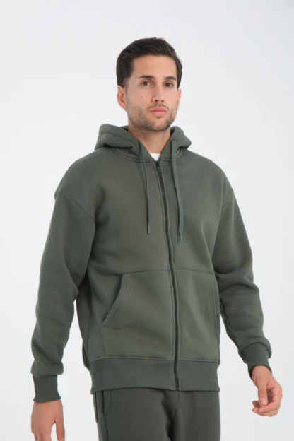 Oversize Fermuarlı Kapüşonlu Üç İplik Sweatshirt - Image 5