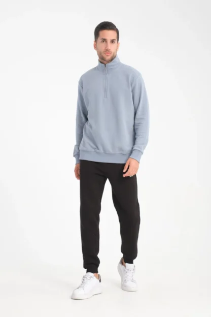 Dik Yaka Yarım Fermuarlı Üç İp Diagonel Kumaş Sweatshirt - Image 7