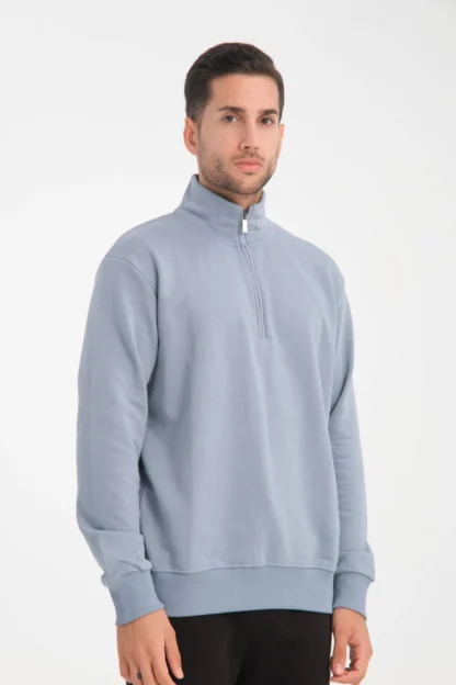 Dik Yaka Yarım Fermuarlı Üç İp Diagonel Kumaş Sweatshirt - Image 6