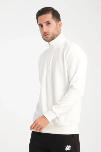 Dik Yaka Yarım Fermuarlı Üç İp Diagonel Kumaş Sweatshirt - Image 5