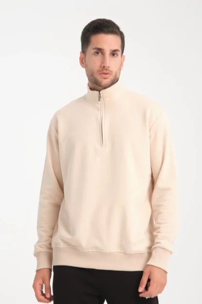Dik Yaka Yarım Fermuarlı Üç İp Diagonel Kumaş Sweatshirt - Image 4