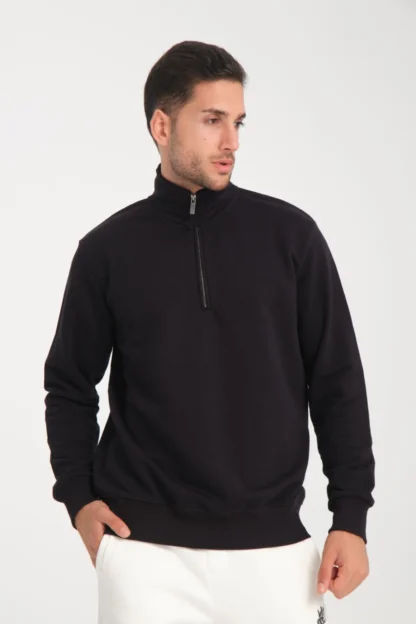 Dik Yaka Yarım Fermuarlı Üç İp Diagonel Kumaş Sweatshirt - Image 3