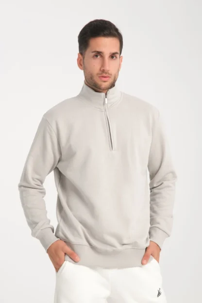 Dik Yaka Yarım Fermuarlı Üç İp Diagonel Kumaş Sweatshirt
