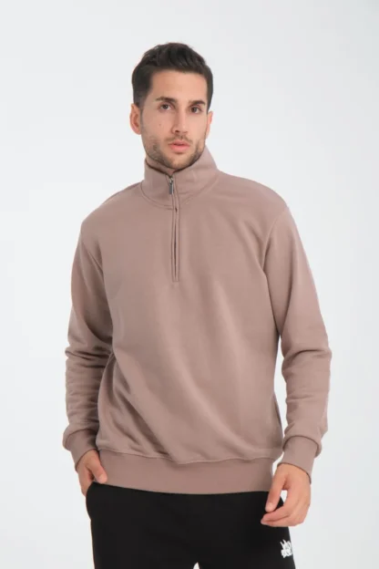 Dik Yaka Yarım Fermuarlı Üç İp Diagonel Kumaş Sweatshirt - Image 2