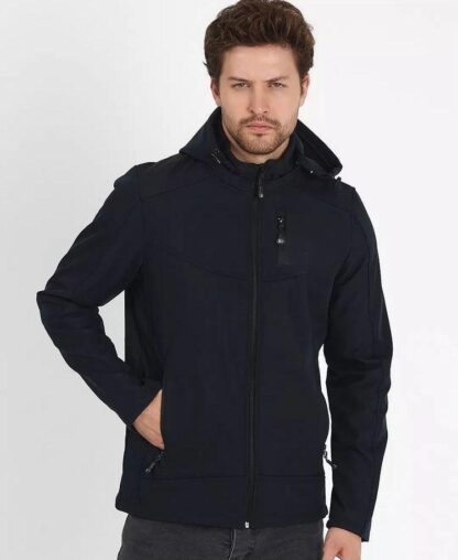 Erkek Siyah Softshell Kapüşonlu Yağmur Su Geçirmez Mont