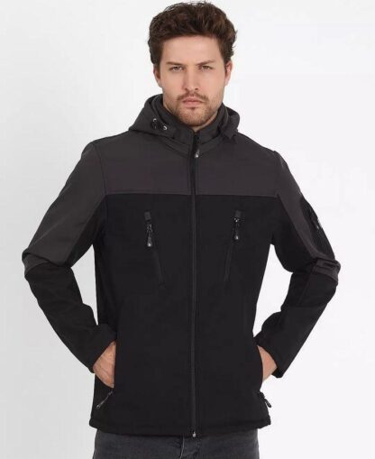Erkek Çift Renk Softshell Kapüşonlu Yağmur Su Geçirmez Mont