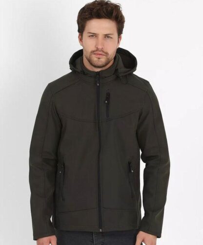 Erkek Haki Softshell Kapüşonlu Yağmur Su Geçirmez Mont