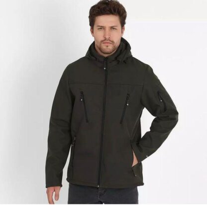 Erkek Haki Softshell Kapüşonlu Yağmur Su Geçirmez Mont - Image 2
