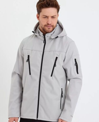 Erkek Gri Softshell Kapüşonlu Yağmur Su Geçirmez Mont