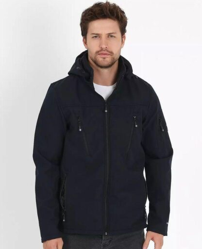 Erkek Siyah Softshell Kapüşonlu Yağmur Su Geçirmez Mont - Image 2